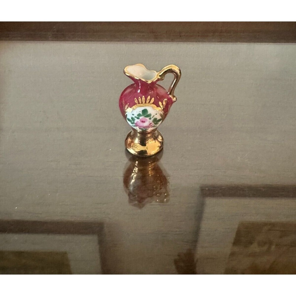 Miniature Dollhouse Limoges Red & Gold mini vase Floral Rose Decor Porcelain 2''